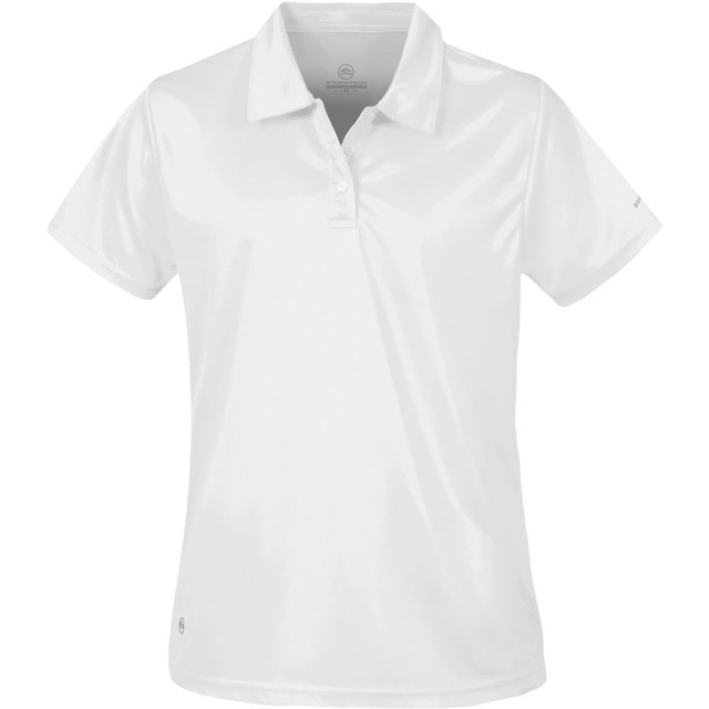 A white women's polo shirt with a collar and short sleeves, featuring a logo.