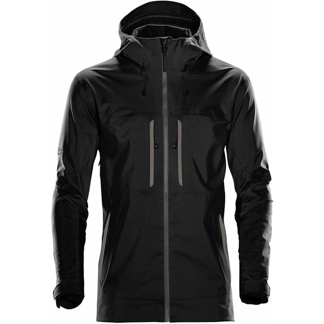 A black rain jacket with a hood, featuring zippered pockets and a logo on the front.