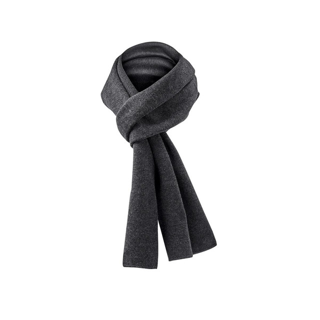 A dark grey knit scarf with a simple, elegant design, featuring a logo.