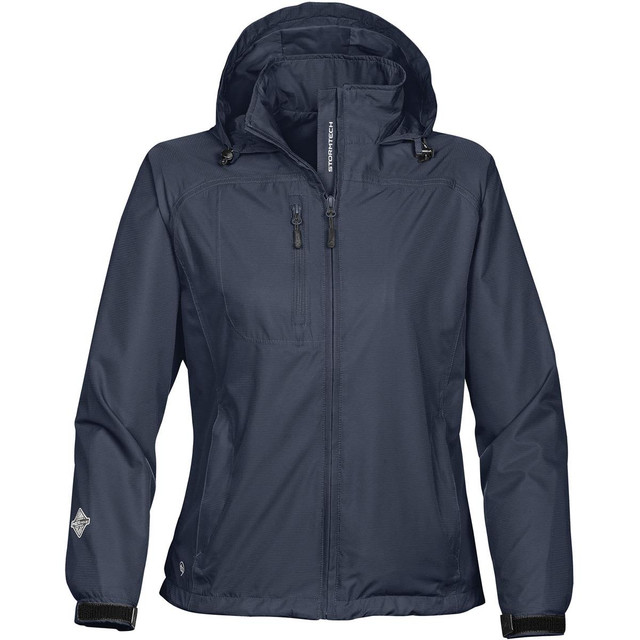 A women's rain jacket in navy blue with a hood, featuring two front zip pockets and a subtle logo on the sleeve.