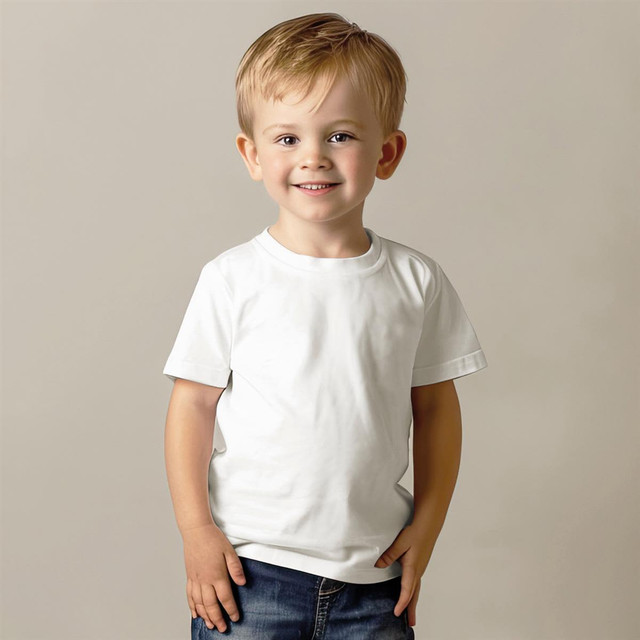 A smiling child in a white organic crew neck T-shirt, paired with denim jeans. The shirt has a logo.