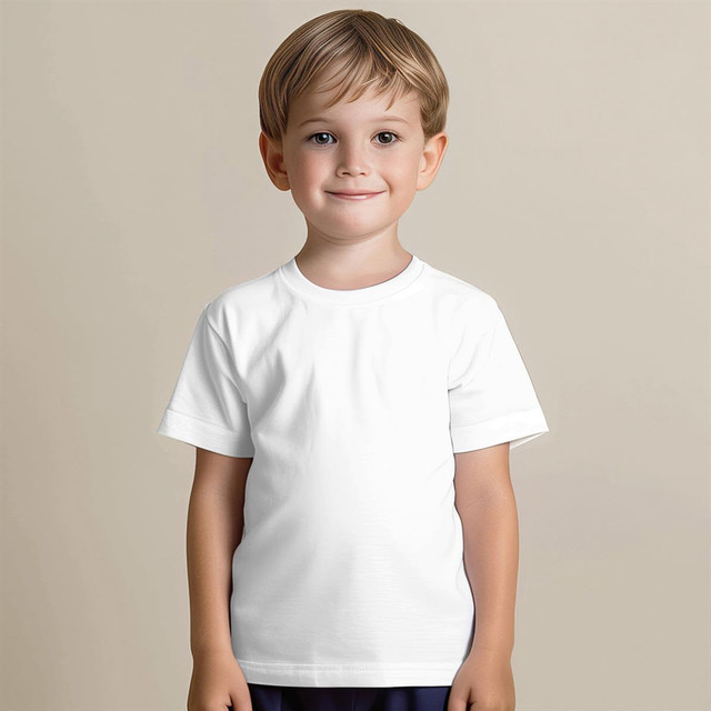 A plain white t-shirt designed for kids, featuring a simple cut and logo branding.