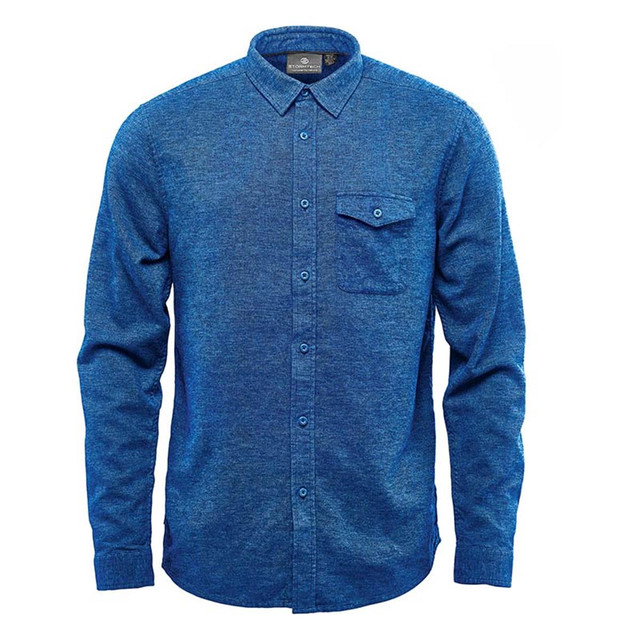 A blue men's long sleeve twill shirt with a button-up front and a single chest pocket.