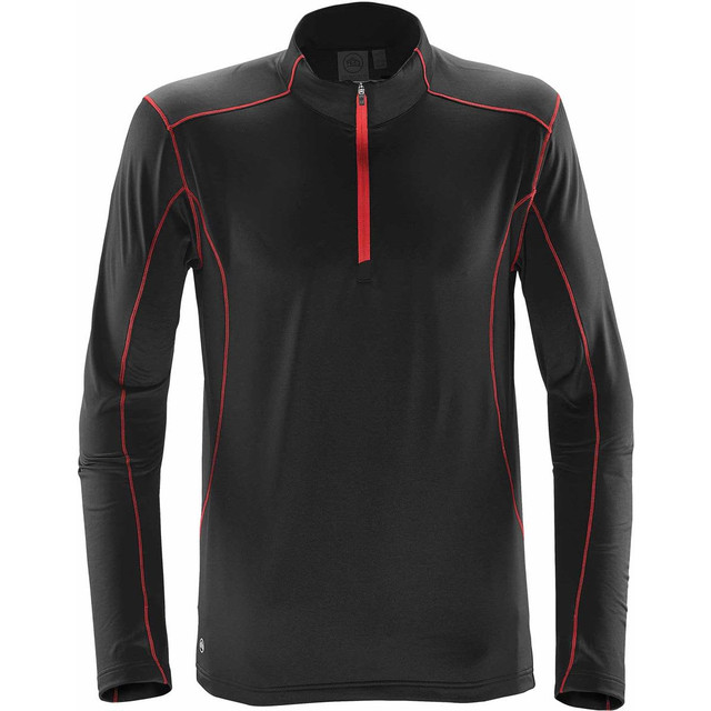 A black polar fleece pullover featuring red stitching and a half zip. It has a logo on the front.