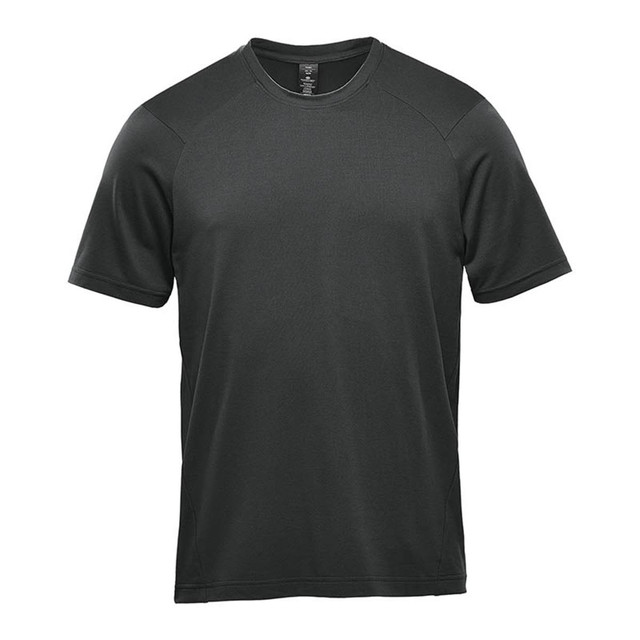 A dark green short sleeve performance tee with a logo on the front and contrasting shoulder panels.