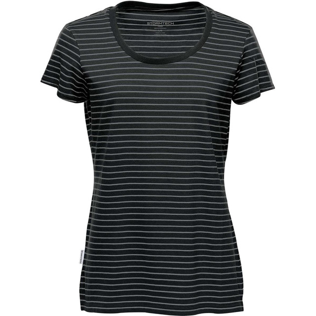A women's crew neck t-shirt in black with horizontal stripes, featuring a logo. Short sleeves and a relaxed fit.