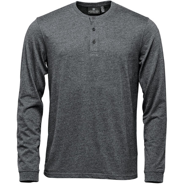 A grey long-sleeve henley shirt featuring a button placket and a logo.