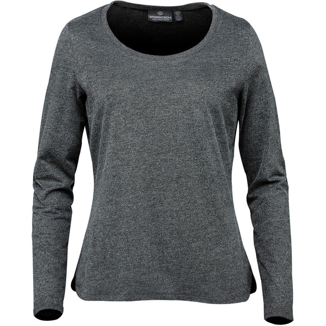 A long-sleeve women's T-shirt in a dark grey colour with a rounded neckline and a subtle logo.