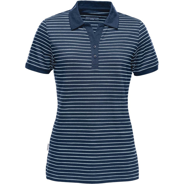 A navy and grey striped women's polo shirt with a collared neckline and branding on the side.