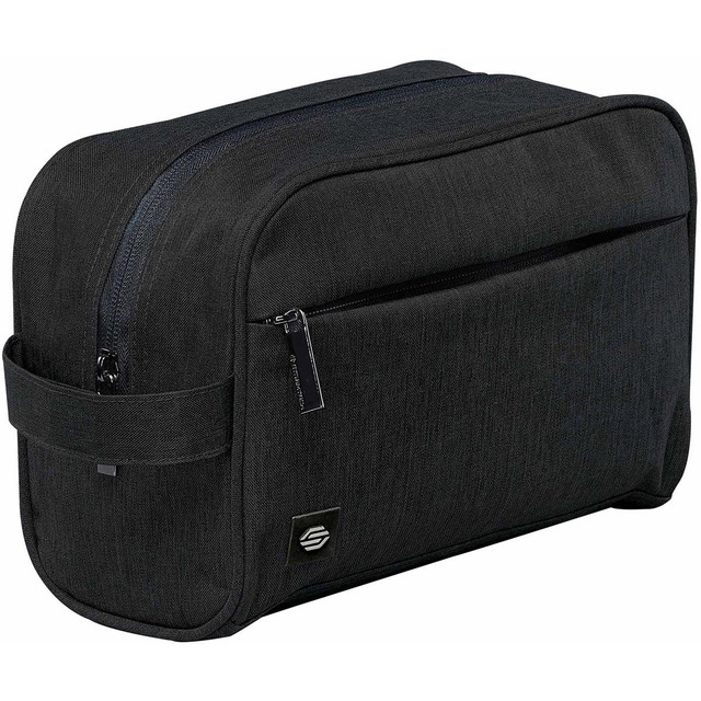 A black toiletry bag with a zippered main compartment and a front pocket, featuring a logo.