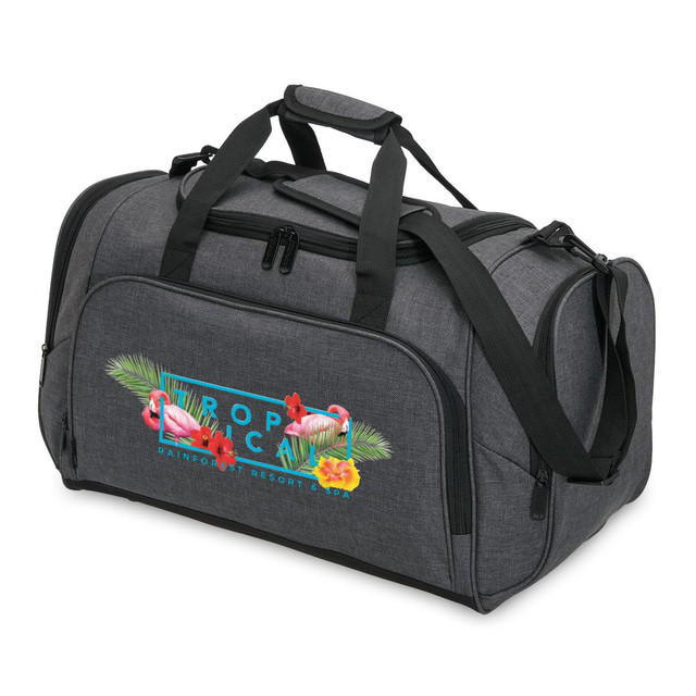 A grey duffle bag with a graphic design featuring tropical elements and a logo. It has dual handles and a shoulder strap.
