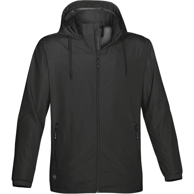 A black rain jacket with a hood, featuring zippered pockets and an interior lining. It has a branding logo.