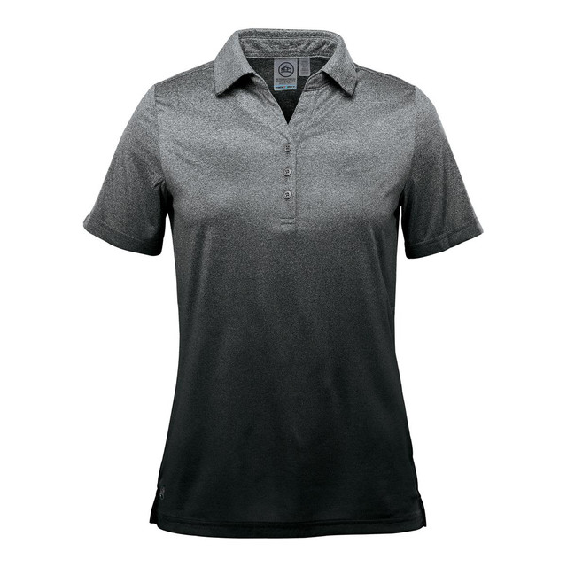 A women's polo shirt in gradient shades of grey, featuring a collar, short sleeves, and a logo.