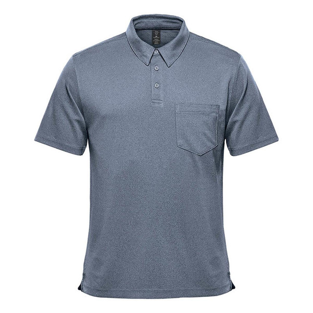 A men's short sleeve polo in a grey tone with a collar and a breast pocket. Features a branded logo.
