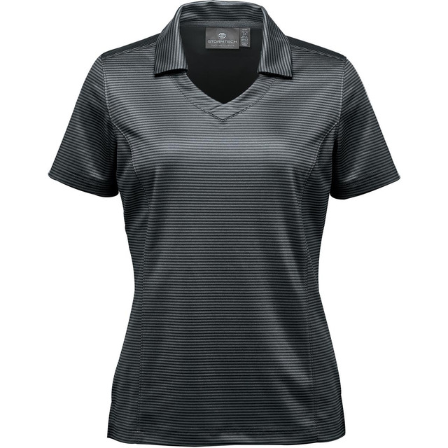 A women's polo shirt in dark grey with a textured striped pattern and a collar, featuring branding.