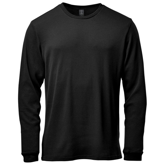 A black men's crew neck shirt with long sleeves and a textured fabric. It features a logo on the chest.