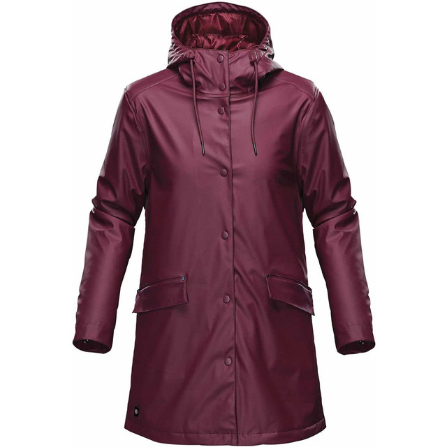 A women's insulated rain jacket in burgundy with a hood and pockets, featuring a logo on the front.