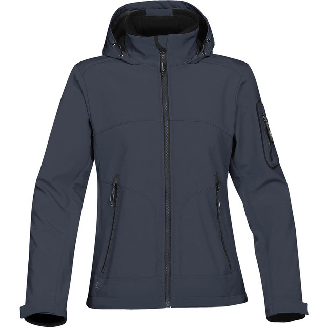A dark blue women's softshell jacket featuring a zippered front, hood, and multiple pockets. It includes a logo on the sleeve.