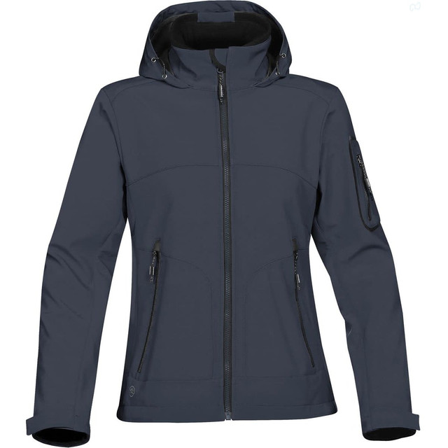 A women's softshell jacket in dark navy, featuring a hood and multiple zippered pockets, with a logo on the sleeve.