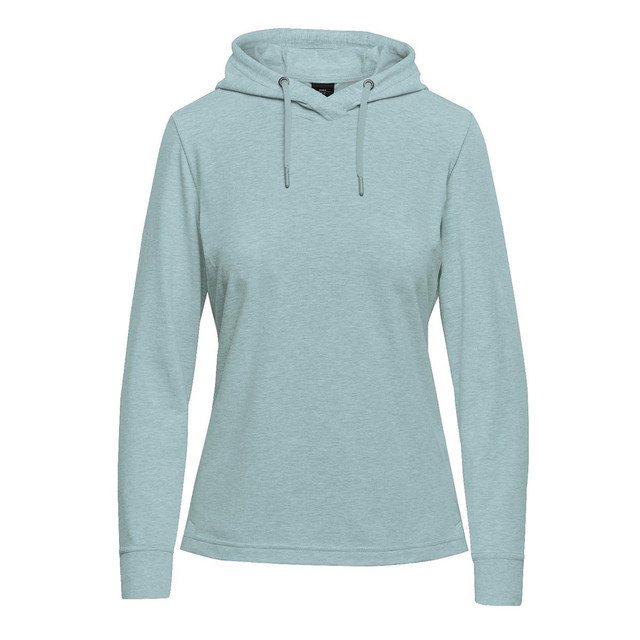 A women's pullover hoody in a soft mint green colour, featuring a hood and long sleeves. It has a logo.