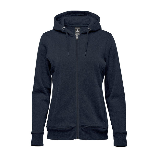 A navy blue women's fleece full zip hoodie featuring a hood and front pockets, with a branding logo.