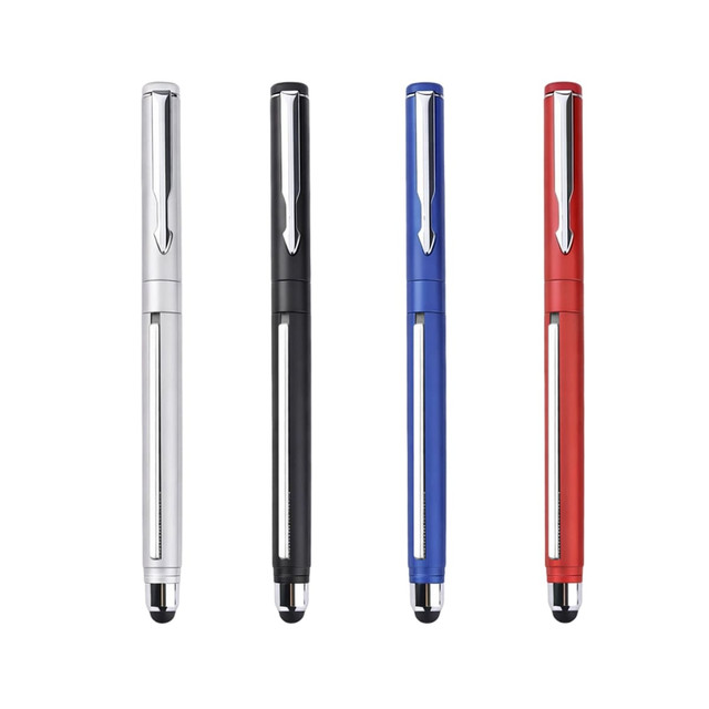 A set of four 2 in 1 commercial banner pens in silver, black, blue, and red, featuring a sleek design and a logo.