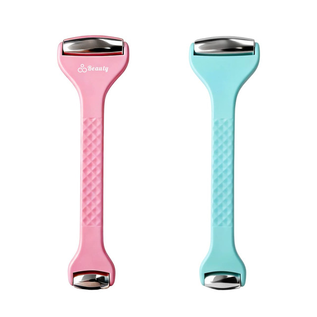 A double-headed ice massager roller featuring a pink and a blue handle, with a textured grip and metallic ends.