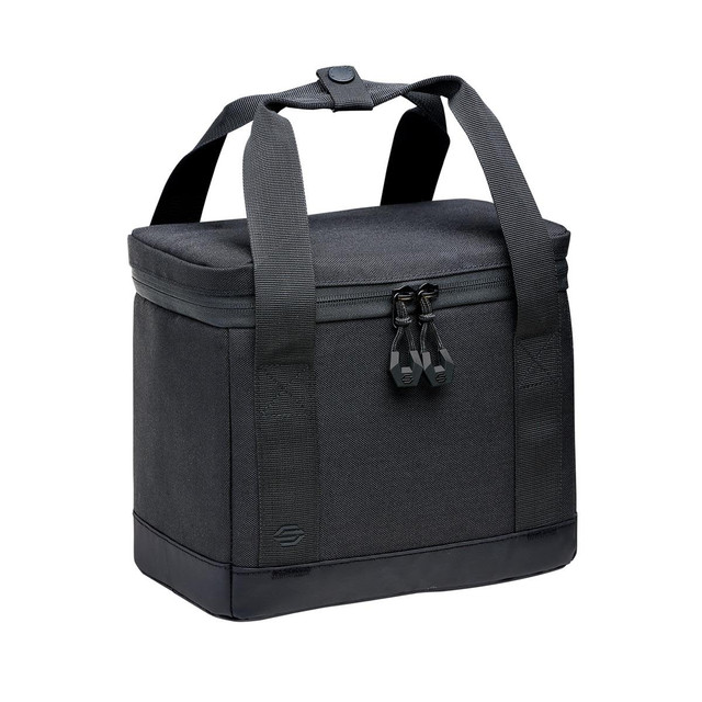 A cooler bag in dark grey with sturdy handles and a zippered closure, featuring a logo on the side.