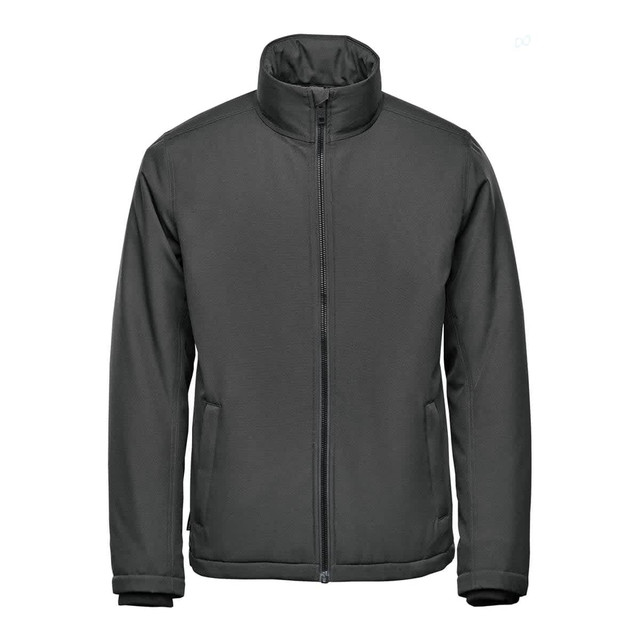 A thermal jacket in dark grey, featuring a zip front and a stand-up collar, with side pockets and branding.