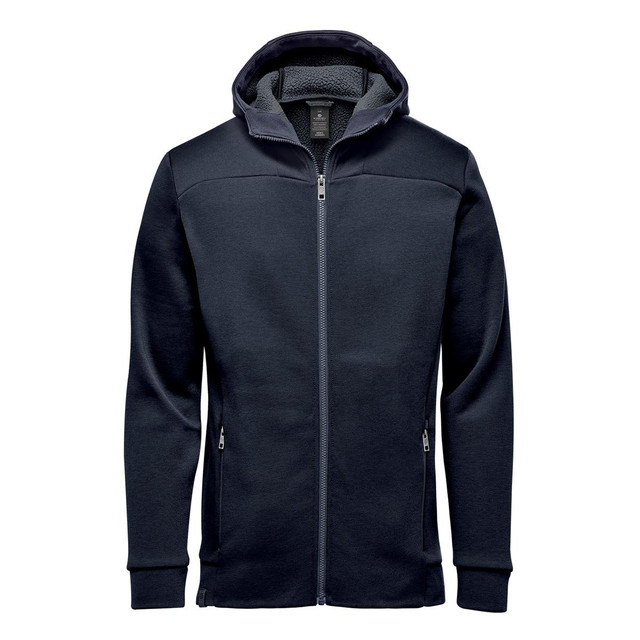 A navy blue men's hoodie with a full zip, featuring a hood and side pockets, and a logo on the chest.