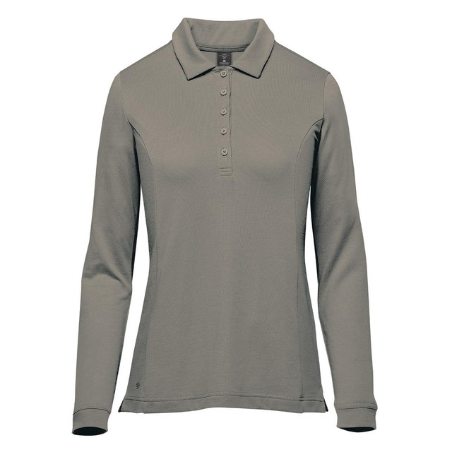 A long-sleeve women's polo in a muted grey tone, featuring a collar and buttons, along with a logo.