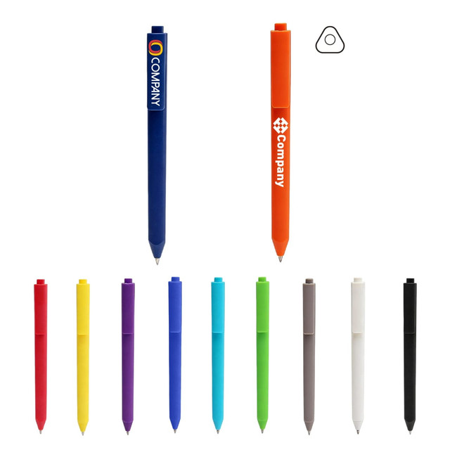 A triangular grip pen in multiple colours, including blue, orange, red, yellow, green, and black, with a logo.