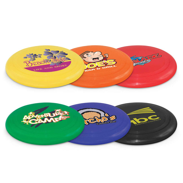 A collection of five frisbees in various colours, featuring different logos and branding.