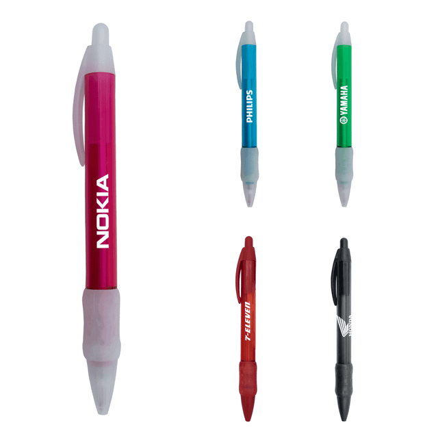 A selection of plastic pens in pink, blue, green, red, and black, each with a clip and a branded logo.