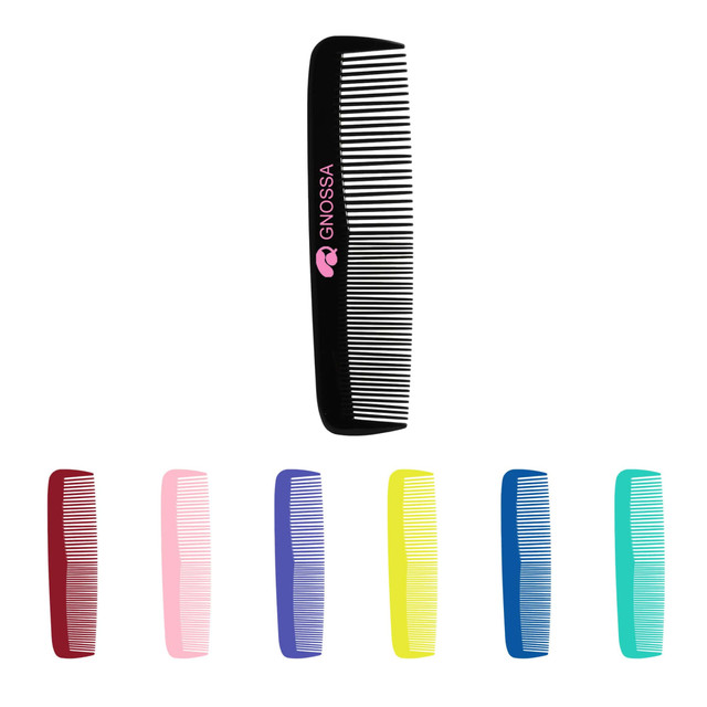 A black comb with fine and wide teeth, featuring a logo, alongside combs in red, pink, yellow, blue, and green.