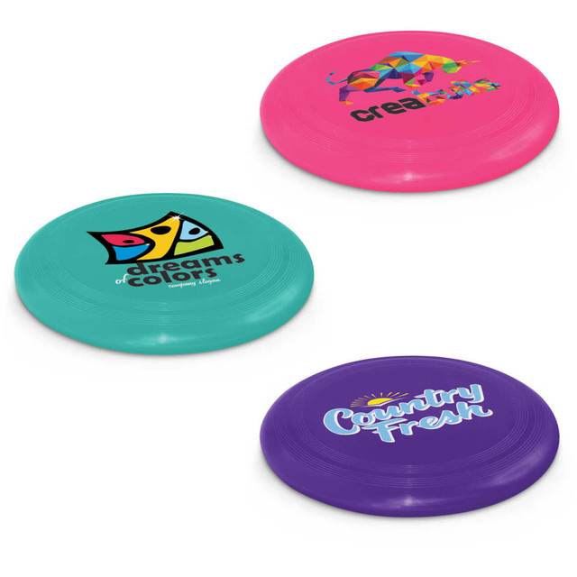Three frisbees in vibrant colours: pink, teal, and purple, each featuring distinct logos.