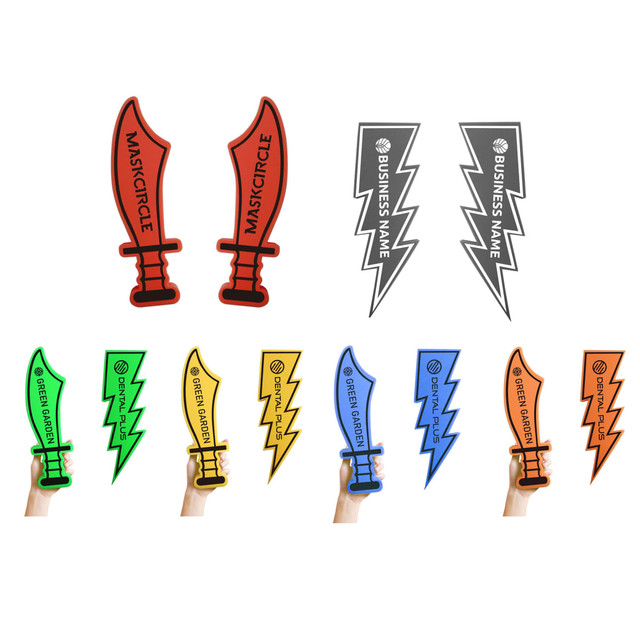 Promotional Sponge Waver Cheersticks in various colours, including green, yellow, red, and orange, featuring a logo.