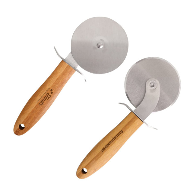 A pizza cutter wheel with a stainless steel blade and a hand-carved wooden handle. The handle features a natural finish.