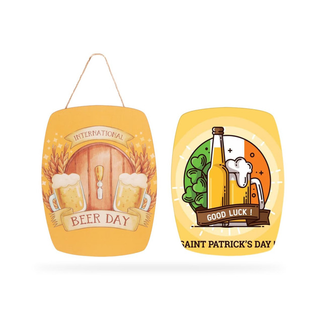 A wooden sign board featuring yellow and multi-coloured designs for beer-themed celebrations with a hanging cord.