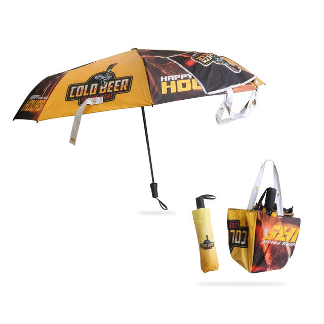 A folding umbrella in yellow and black, featuring a logo and packed in a matching bag for easy transport.