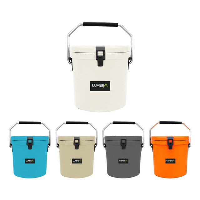 A 12L ice bucket in various colours: white, turquoise, grey, black, and orange, featuring a handle and brand logo.