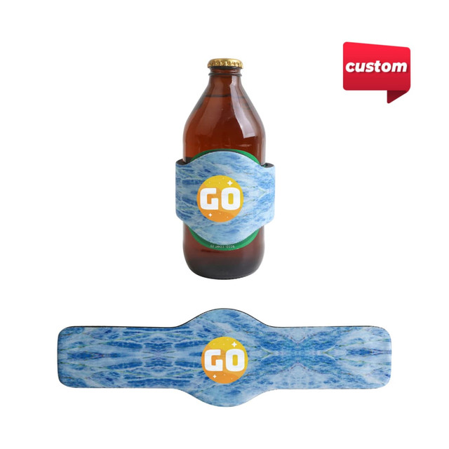 A drink bottle with a custom shape slap stubby holder featuring a blue ocean design and a logo.