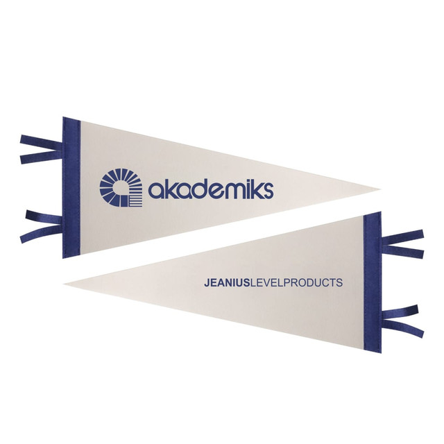 A felt pennant featuring navy blue and cream colours, with a logo on both sides and decorative ties.