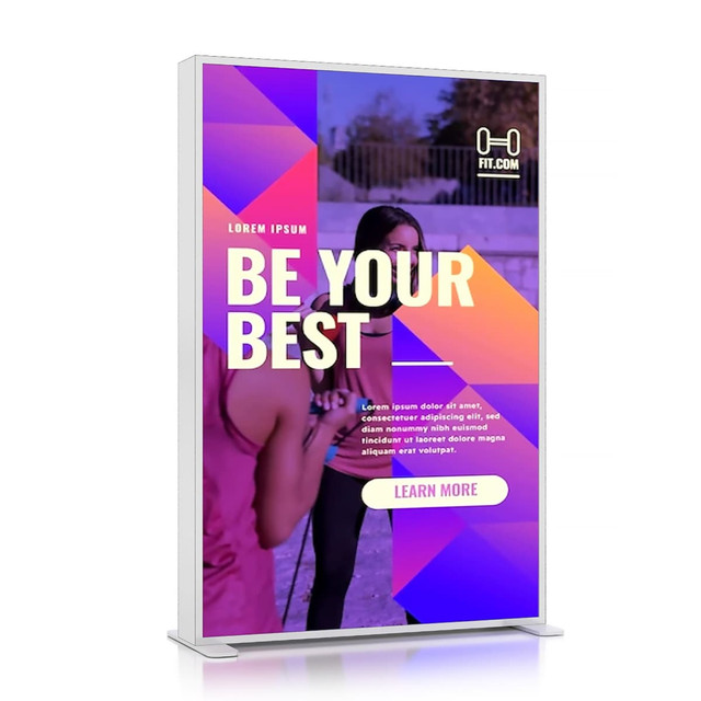 A backlit LED light box display in a sleek frame, featuring vibrant purple and orange graphics, with a logo visible.