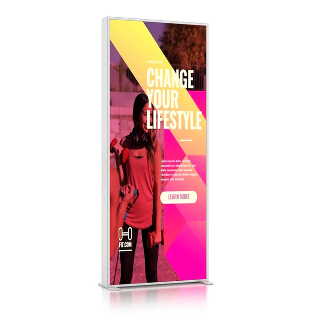 A SEG backlit LED light box display in a sleek white frame featuring vibrant pink and orange geometric graphics.
