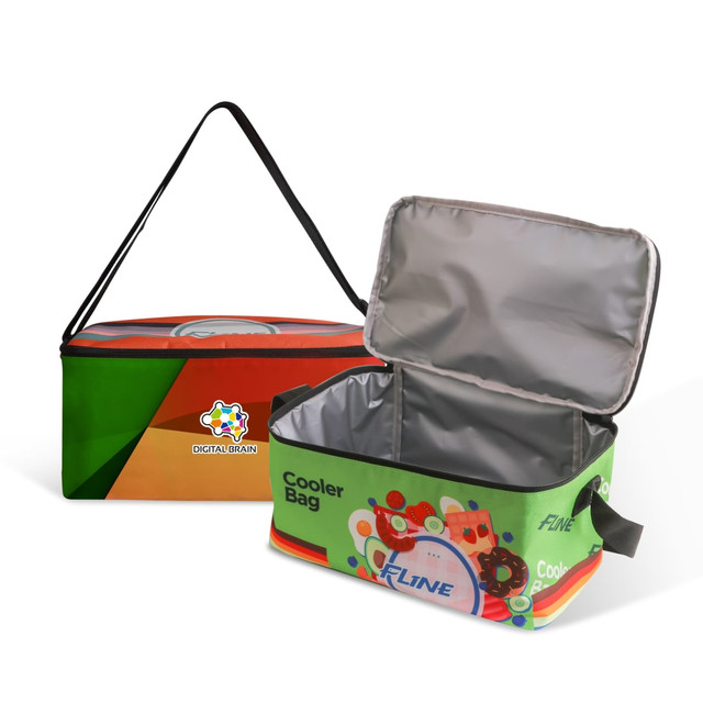 A colourful sublimation shoulder cooler bag with a zippered opening and removable strap, featuring an interior liner.