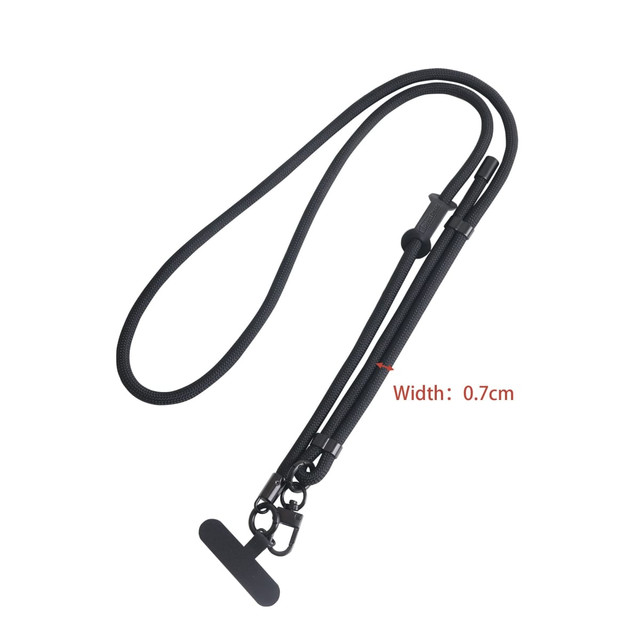 An adjustable black phone lanyard with a clip and a T-shaped end for securing devices.