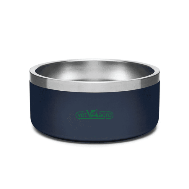 A pet bowl in navy blue with a stainless steel interior. The bowl features a logo on the side.
