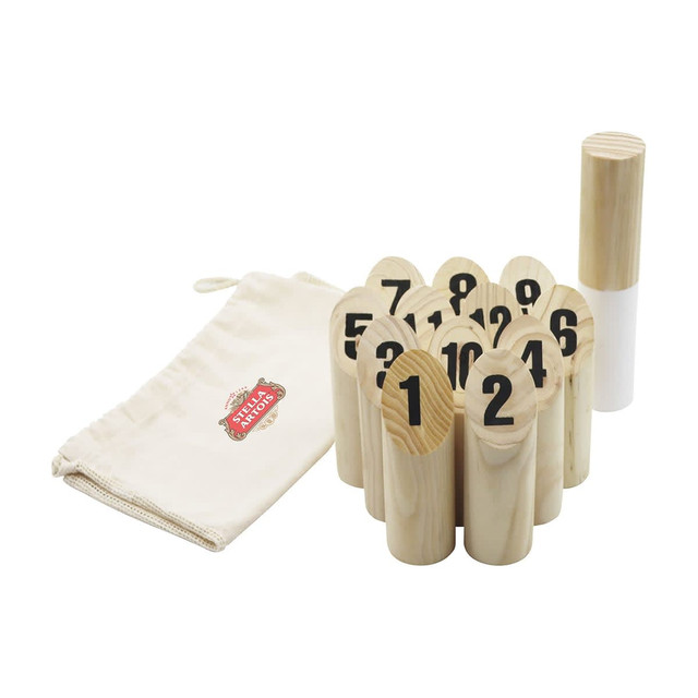 A set of wooden skittles numbered 1 to 10, with a white throwing stick and a storage bag.