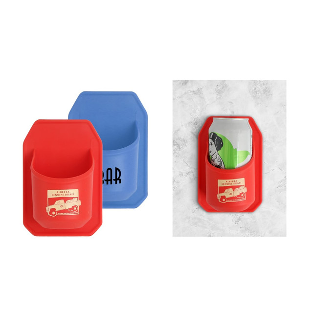 A blue and a red stubby holder designed to fit drink cans, featuring rounded shapes and a pocket for the can.